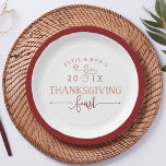 Thanksgiving Feast Paper Plate<br><div class="desc">Serve up Thanksgiving goodies on these festive paper plates in fall shades of garnet and pumpkin. Design features a dark red border with your names, the year, and "Thanksgiving feast" in trendy block and script typography with an acorn illustration.</div>