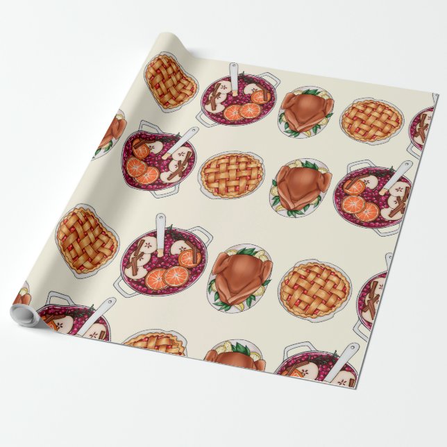Thanksgiving Feast Pattern - Turkey, Pie, & Fruits Wrapping Paper (Unrolled)