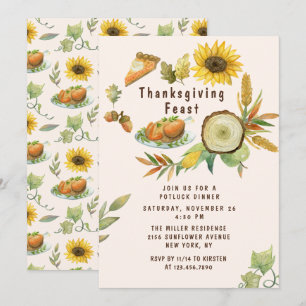 Thanksgiving Feast Turkey Pumpkin Pie Sunflowers Invitation