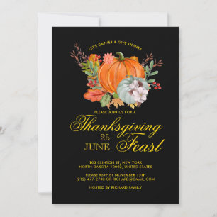 Thanksgiving Fest Dinner Rustic Pumpkin Black Invitation