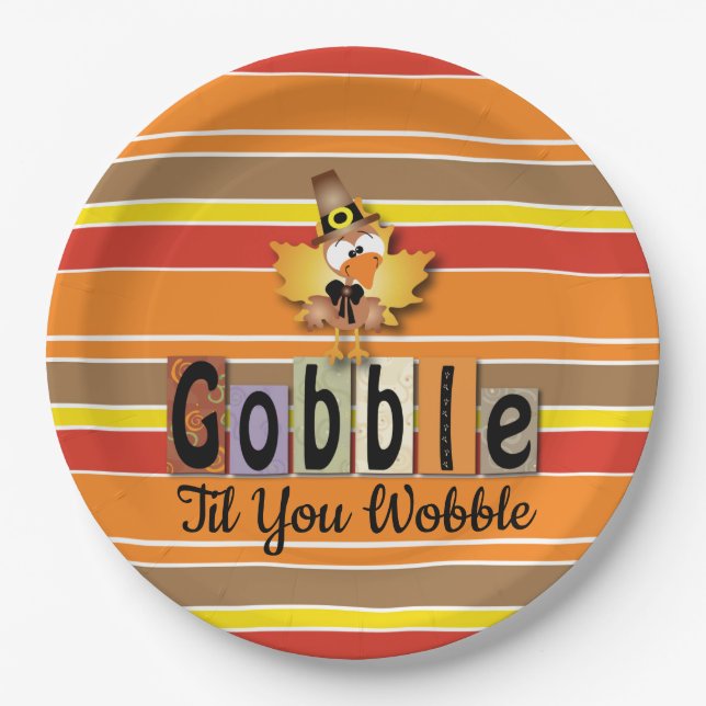 Thanksgiving Festive Gobble Til You Wobble Turkey Paper Plate (Front)