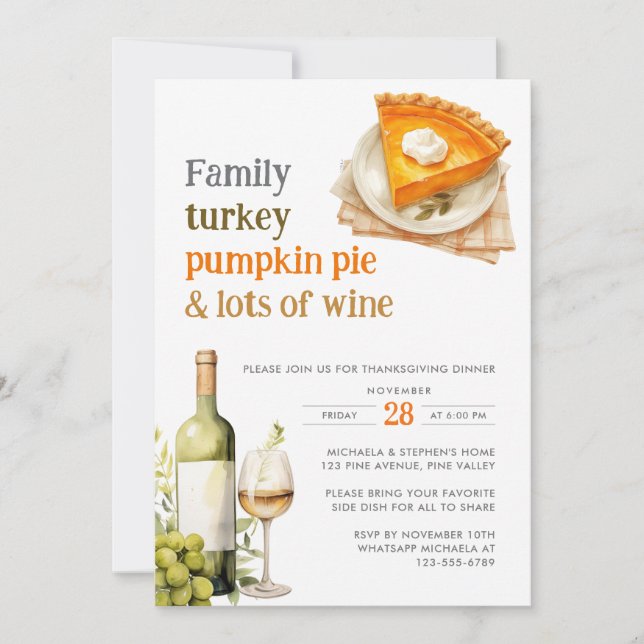 Thanksgiving Festive Pumpkin Pie & Wine Dinner Invitation (Front)