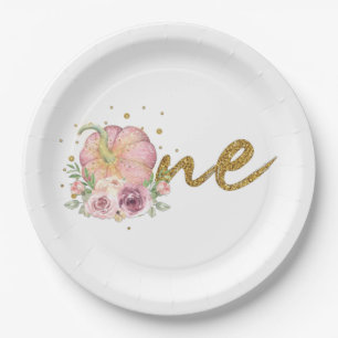 Thanksgiving First Birthday Pumpkin Pink Gold Paper Plate