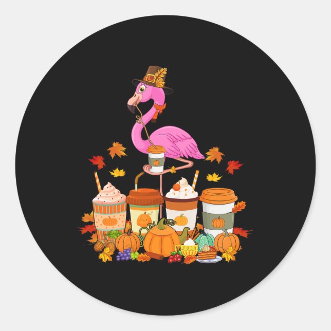 Thanksgiving Flamingo Wearing Hat Fall Coffee Cups Classic Round Sticker (Front)