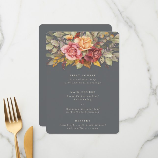 Thanksgiving Floral Border Flat 3 Course Menu (Front/Back In Situ)