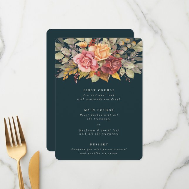 Thanksgiving Floral Border Flat 3 Course Menu (Front/Back In Situ)