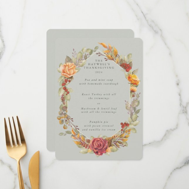 Thanksgiving Floral Frame Flat 3 Course Menu (Front/Back In Situ)