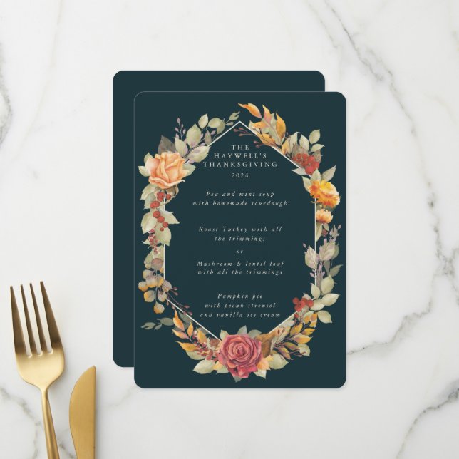 Thanksgiving Floral Frame Flat 3 Course Menu (Front/Back In Situ)