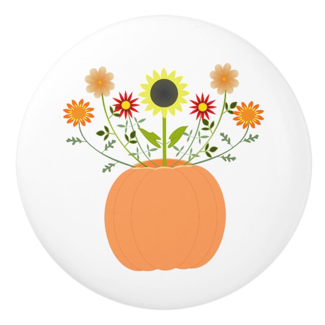 Thanksgiving Flowers in Pumpkin Ceramic Knob (Front)