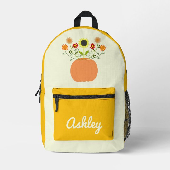Thanksgiving Flowers in Pumpkin Custom Name Printed Backpack (Front)