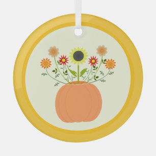 Thanksgiving Flowers in Pumpkin Glass Ornament