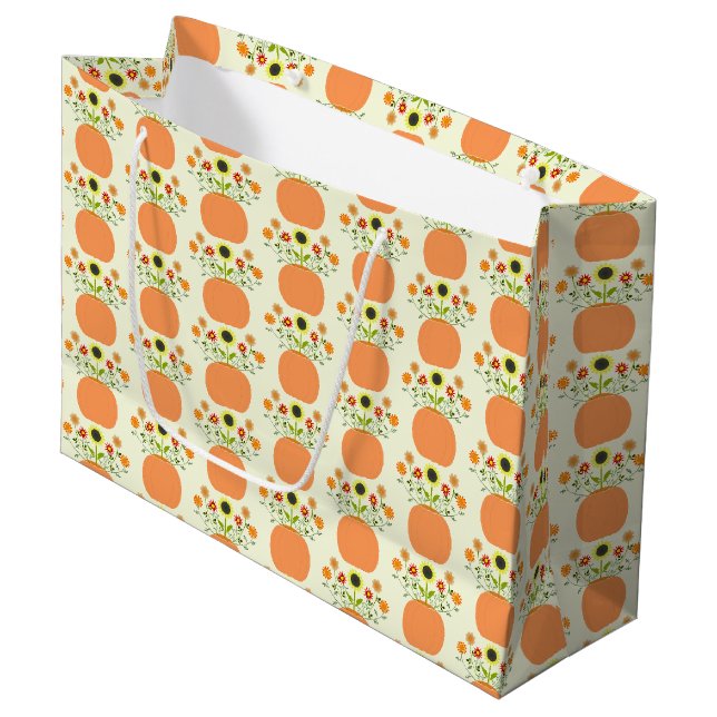 Thanksgiving Flowers in Pumpkin Patterned Large Gift Bag (Front Angled)