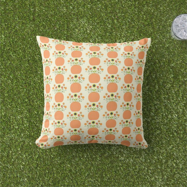 Thanksgiving Flowers in Pumpkin Patterned Outdoor Pillow (Grass)