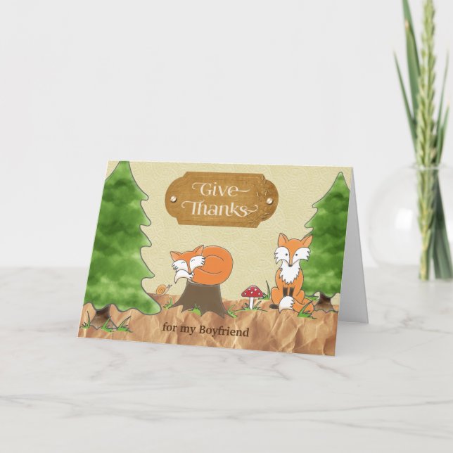 Thanksgiving for Boyfriend Scrapbook-y Woods Foxes Holiday Card (Front)