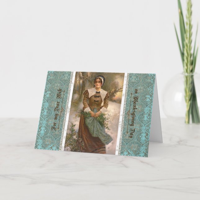 Thanksgiving for Wife - Pilgrim Woman in Winter Holiday Card (Front)