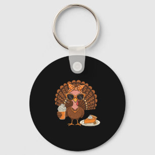 Thanksgiving For Women Turkey Drinking Coffee Leop Keychain