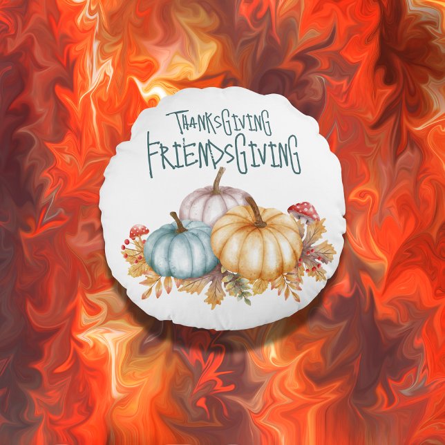 Thanksgiving Friendsgiving Colourful on White | Round Pillow (Creator Uploaded)