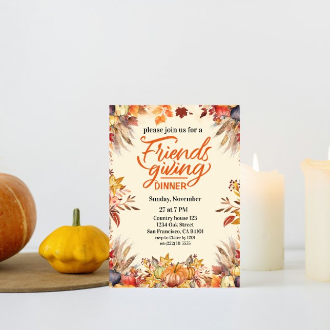 Thanksgiving Friendsgiving Dinner Pumpkin Flowers Invitation (friends dinner fall thanksgiving dinner party family leaves chic elegant pumpkin )