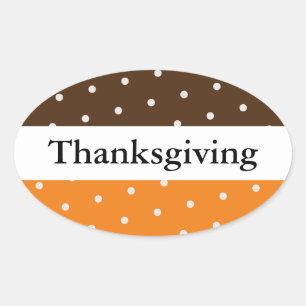 THANKSGIVING Fun Brown White Orange Stripes Dots Oval Sticker