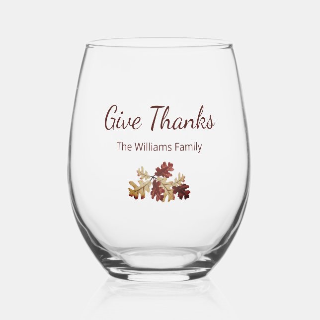 Thanksgiving Give Thanks Fall Foliage Family Name Stemless Wine Glass (Front)