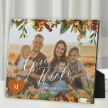 Thanksgiving give thanks family photo modern  plaque<br><div class="desc">Create your own custom family photo Thanksgiving personalized autumn fall floral botanical decorative keepsake plaque with your family name,  heart monogram initial,  and text.             Easy to personalize with your custom image and name. It can be a nice thoughtful keepsake gift for a family on Thanksgiving or family anniversary, </div>