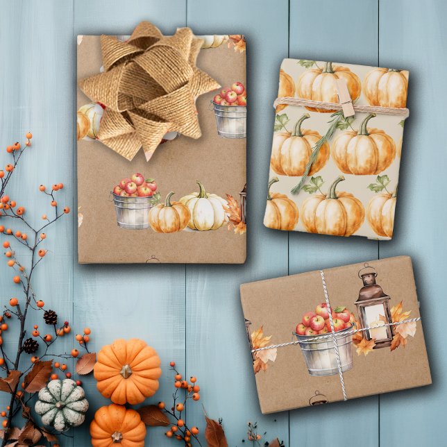 Thanksgiving Give Thanks Pumpkins Apples Wrapping Paper Sheet (Creator Uploaded)