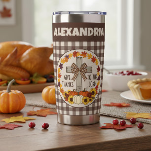 Thanksgiving Give Thanks To The Lord Brown Plaid Insulated Tumbler