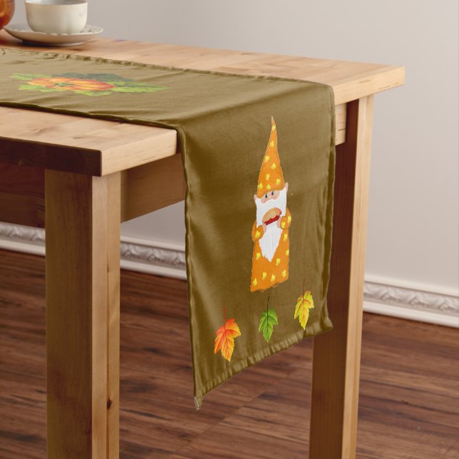 Thanksgiving Gnome and Fall Leaves on Brown Short Table Runner (In Situ)
