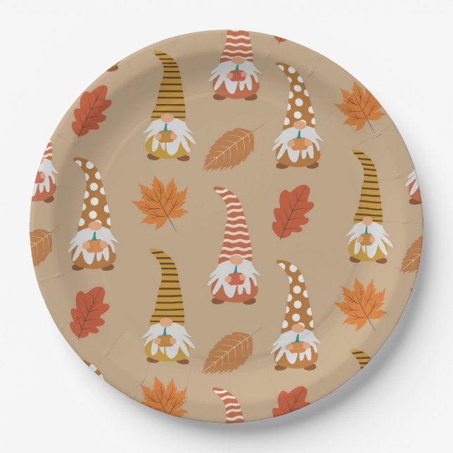 Thanksgiving Gnomes with autumn leaves   Paper Plate (Front)