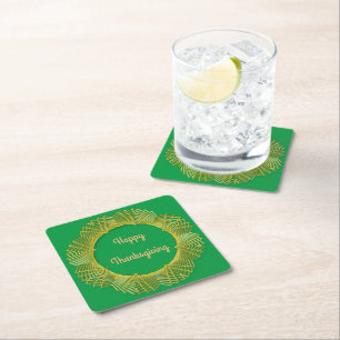 Thanksgiving Gold Lace Geometric Circle on Green Square Paper Coaster