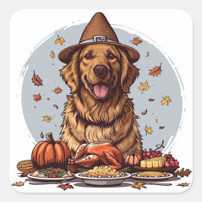 Thanksgiving Golden Retriever Dog Square Sticker (Front)