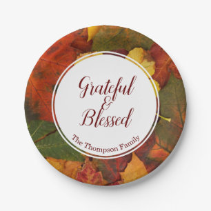 Thanksgiving Grateful & Blessed Custom Name Leaves Paper Plate