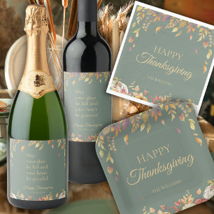 Thanksgiving Grateful Custom Watercolor Sage Wine Label
