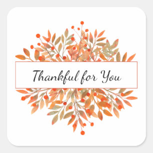 Thanksgiving Green Orange Fall Foliage Favour Square Sticker