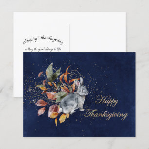 Thanksgiving Grey Rabbit Leaves Blue Business Holiday Postcard