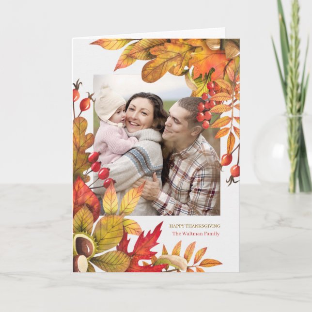 Thanksgiving Harvest Leaves Berries Vert Photo Holiday Card (Front)