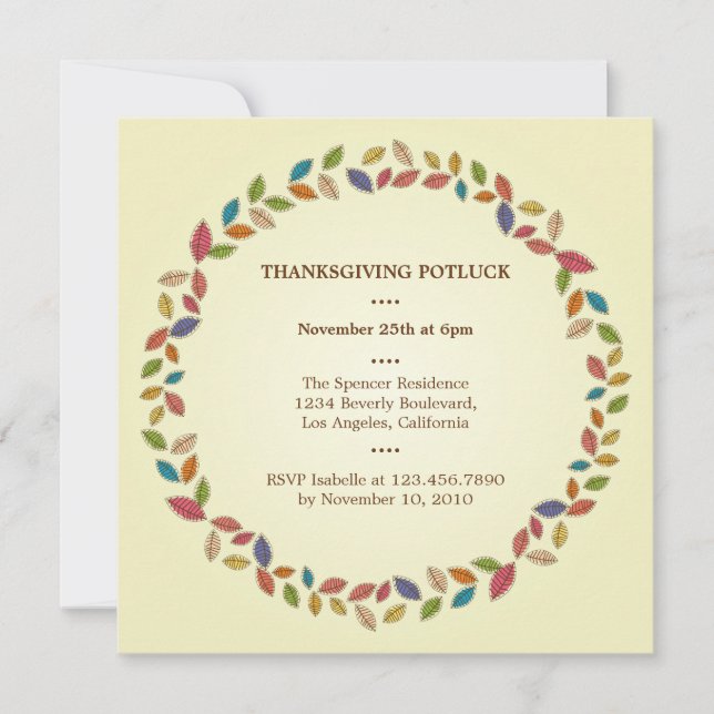 Thanksgiving Harvest Leaves Potluck Party Invitation (Front)