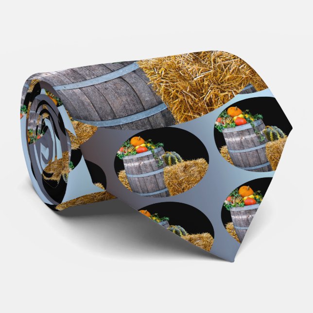 Thanksgiving Harvest Scene with Barrel and Produce Tie (Rolled)