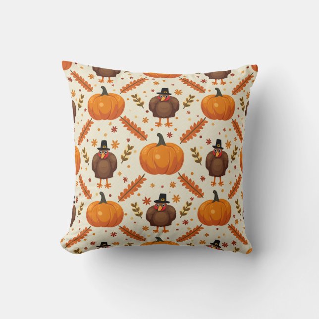 Thanksgiving Harvest Turkey & Pumpkin Pattern Pill Throw Pillow (Front)