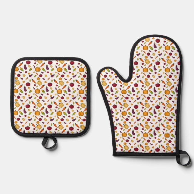 Thanksgiving harvest vegetable pattern oven mitt & pot holder set (Front)
