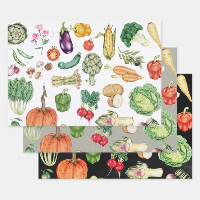 Thanksgiving Harvest Vegetables Colourful 3-piece Wrapping Paper Sheet (Set)