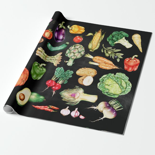 Thanksgiving Harvest Vegetables Colourful Black Wrapping Paper (Unrolled)