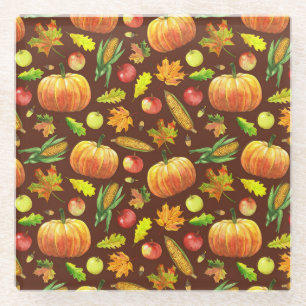 Thanksgiving harvest, watercolor seamless pattern. glass coaster