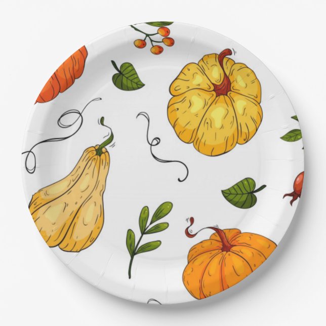 Thanksgiving Holiday Fall Pumpkin Modern Orange Paper Plate (Front)