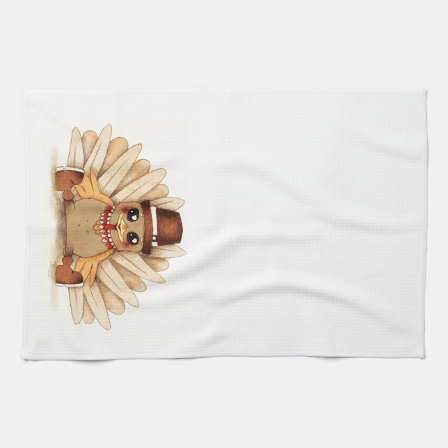 Thanksgiving Holiday Turkey Pilgrim Art Drawing Kitchen Towel (Horizontal)