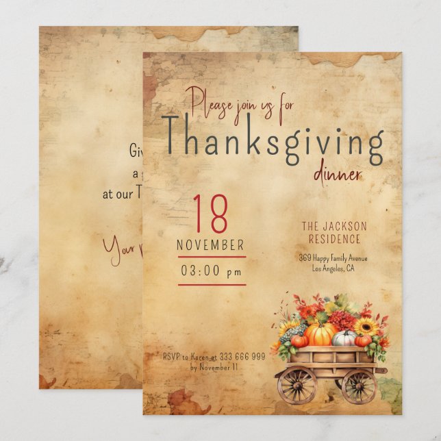 Thanksgiving Invitation Rustic Pumpkin Cart (Front/Back)