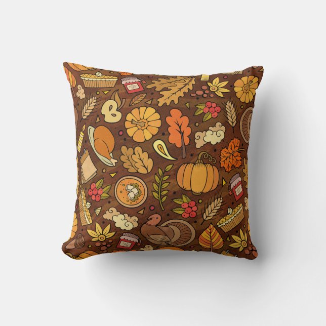 Thanksgiving items: cartoon colourful pattern. throw pillow (Front)