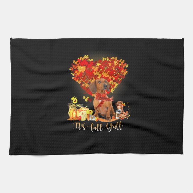 Thanksgiving It's Fall Y'all Dachshund Kitchen Towel (Horizontal)