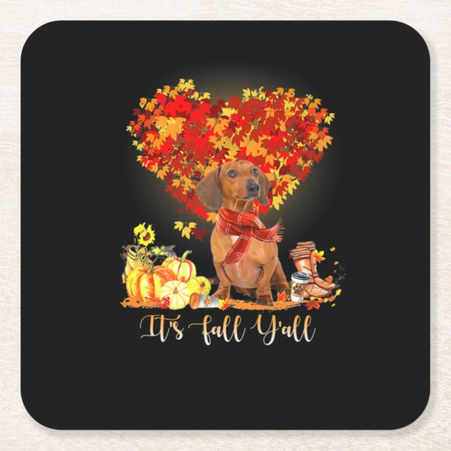 Thanksgiving It's Fall Y'all Dachshund Square Paper Coaster (Front)
