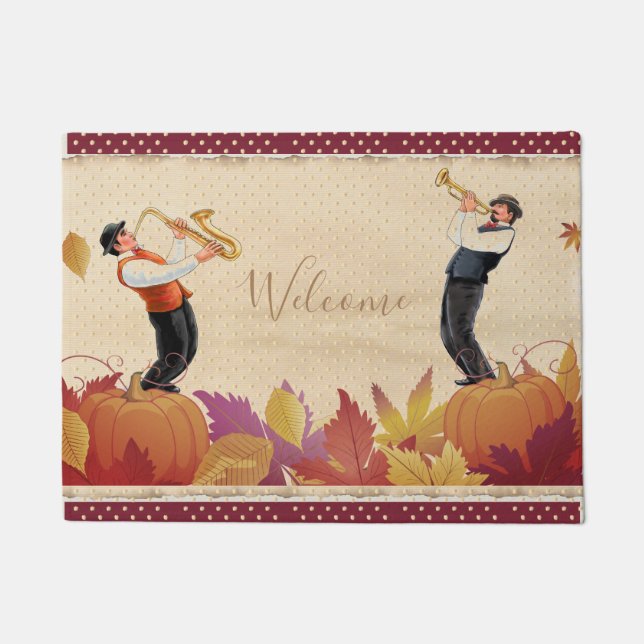Thanksgiving Jazz Fall Maple Leaves Vintage Doormat (Front)